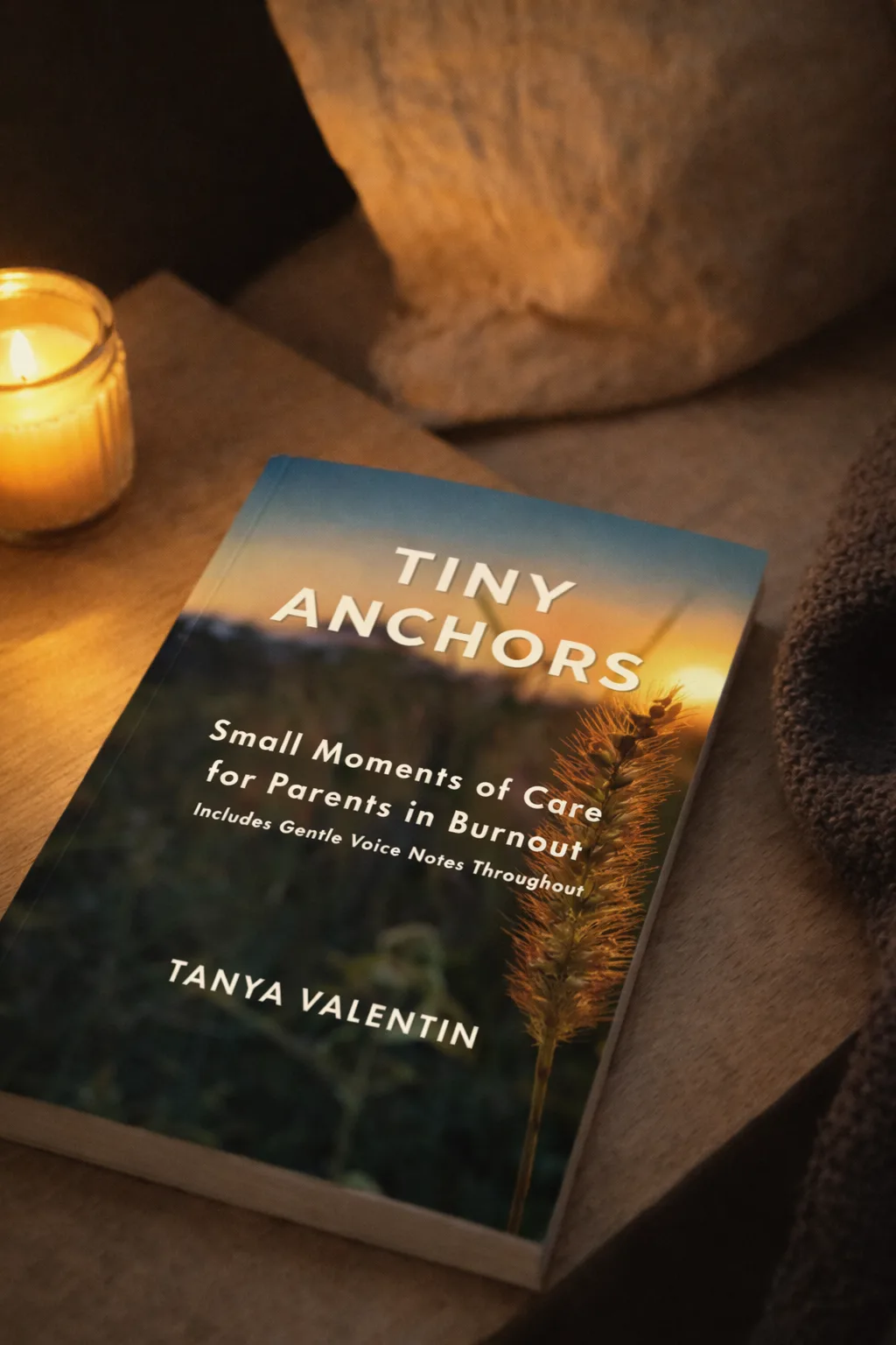 Tiny Anchors Book Mock-up Calm bedside book and candle - support for parents of neurodivergent children in burnout